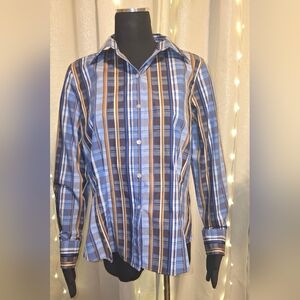 Foxcroft Women's Blue and Brown Plaid Shirt